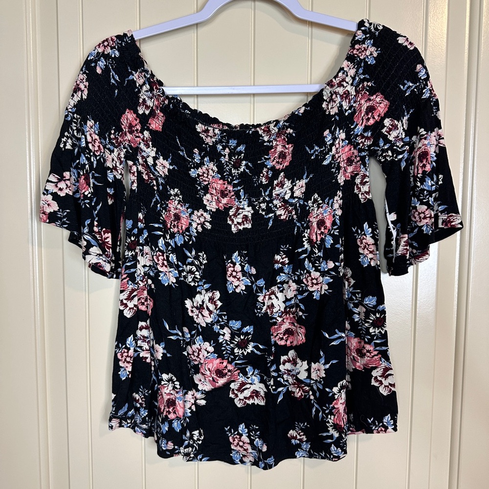 Rewind Tops Womens black floral off shoulder baby doll blouse shirt sz S rayon